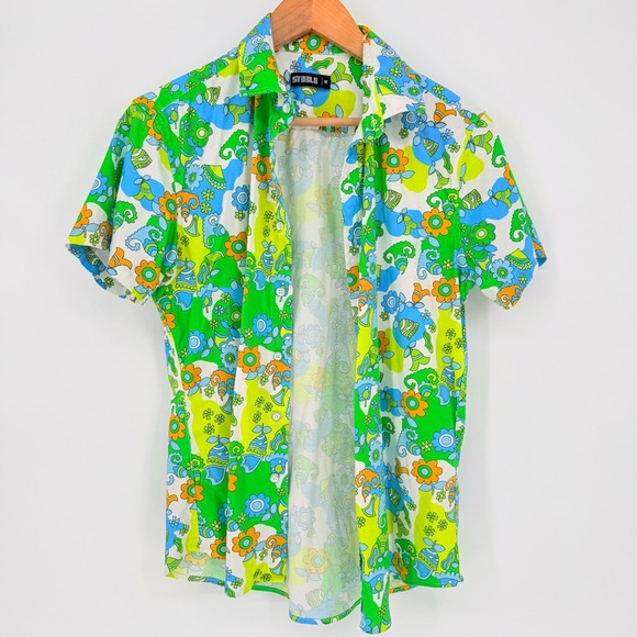 ST33LE Mens Short Sleeve Shirt Medium 100% Cotton Retro Mod Psychedelic Floral - Picture 5 of 12